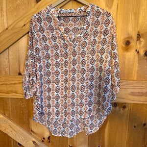 Cupid's Diary Blouse Women XL Orange Blue Geometric Ikat Roll Tab Sleeve Western